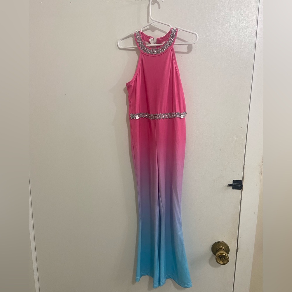Pink and Blue Ombre Halter dance outfit with Silver Accents tulle train